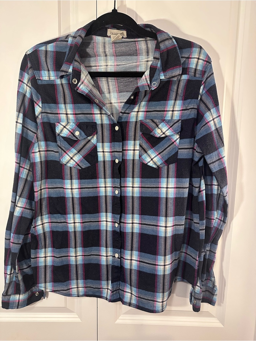 Passport Plaid Flannel Button Up Shirt XL Blue Pink Super Soft
